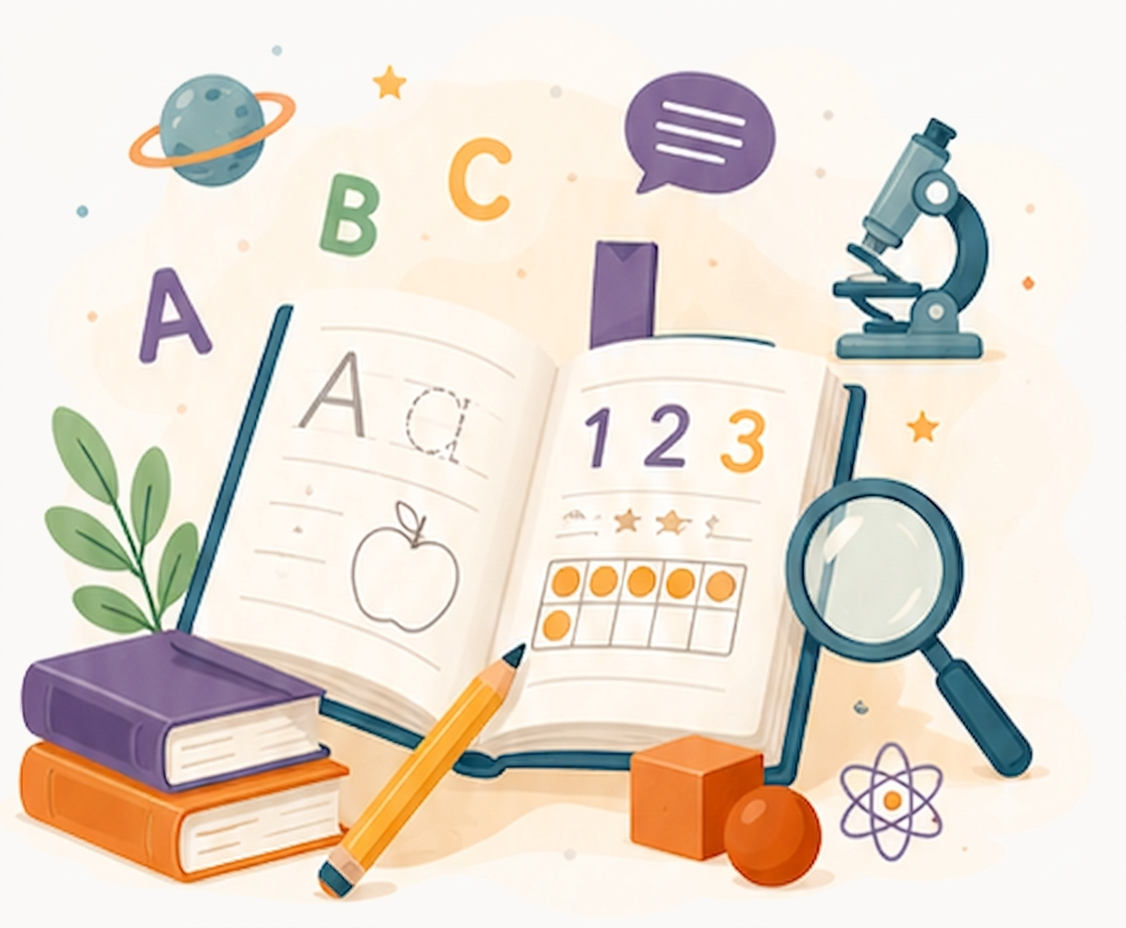 Illustration of an open workbook with a pencil